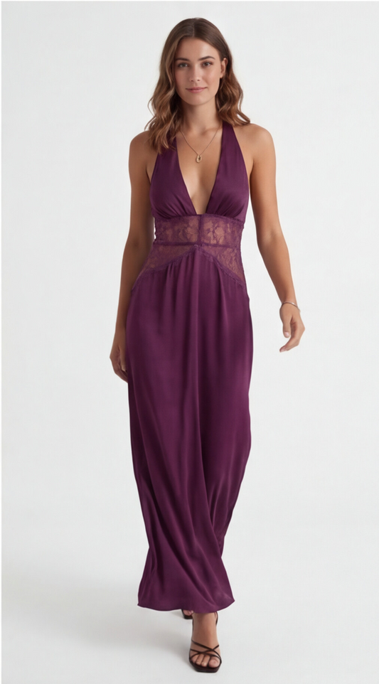 VALENTINA- Vestido Largo Satén y Encaje Contrastado